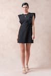 Buy_Thetaa_Black Rayon Solid Round Ruffle Sleeve Short Dress _at_Aza_Fashions