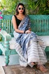 Buy_Mint N Oranges_Grey Handwoven Pure Chanderi Zari Striped Pattern Saree  _at_Aza_Fashions