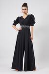 Buy_Aakaar_Black Silk Beads, Crystals V-neck Angel Sleeve Jumpsuit With Belt _at_Aza_Fashions