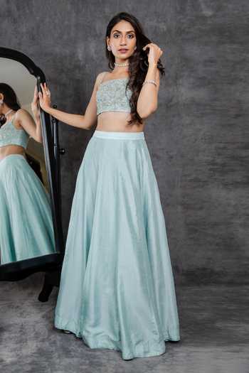 Buy_Sunita Bhandari_Blue Silk Sequins, Cut Work Square Neck Embroidered Blouse And Lehenga Set _at_Aza_Fashions