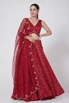 Buy_Ruchira Nangalia_Red Modal Blend Printed Bandhani V Neck Flared Lehenga Set  _at_Aza_Fashions