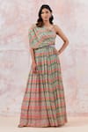 Buy_Basanti - Kapde Aur Koffee_Pink Chinnon Printed Chevron Asymmetric Draped Gown With Belt _at_Aza_Fashions