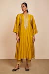 Buy_Sue Mue_Yellow Tussar Georgette Embroidery Aari Work Round Notched Kaftan And Pant Set _at_Aza_Fashions