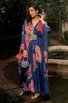 Buy_Paulmi and Harsh_Blue Crepe Printed Floral Pattern V Neck Blooming Kaftan _Online_at_Aza_Fashions