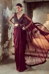 Buy_Nitika Gujral_Maroon Saree Satin Embroidered Bead Plunge V Draped With Neck Blouse _at_Aza_Fashions