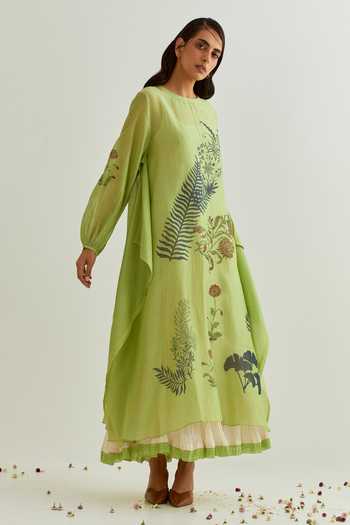 Buy_Prama By Pratima Pandey_Green Chanderi Embroidery Round Neck Floral Print Dress With Inner _at_Aza_Fashions