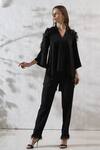 Buy_RANNA GILL_Black Crepe Applique Feather Shawl Collar Bell Sleeve Top _at_Aza_Fashions