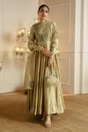 Buy_Nehha Nhata_Gold Silk Embroidery, Tassels Round Neck Yoke Anarkali With Dupatta _at_Aza_Fashions