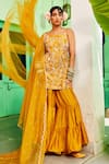 Buy_Mona And Vishu_Yellow Dupion Silk, Dupatta Organza Pearl Embroidered Kurta Tiered Sharara Set _at_Aza_Fashions