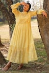 Buy_Dhaari_Yellow Handwoven Cotton Silk Hand Painted And Embroidered Floral Pattern Tiered _at_Aza_Fashions