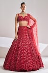 Buy_Seema Gujral_Red Net Embroidered Sequins In Leaf Pattern Plunge Bridal Lehenga Set _at_Aza_Fashions