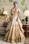 Buy_Tarun Tahiliani_Gold Brocade Embroidery French Knot V Neck Bridal Lehenga Set _at_Aza_Fashions