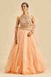 Buy_Nitika Gujral_Peach Lehenga And Dupatta Net Embroidery Floral Halter Waistband Blouse Set _at_Aza_Fashions