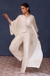 Buy_Chokhi Chorri_White Silk Embroidered Neckline Floral V Neck Afro Asymmetric Top With Pant _at_Aza_Fashions