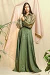 Buy_Chambray & CO._Green Organza, Twill Mirrors Shawl Neck Embroidered Shirt And Skirt Set _at_Aza_Fashions