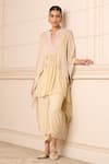 Buy_Tarun Tahiliani_Beige Embroidered Chikankari Notched Neck Kaftan Tunic And Dhoti Pant Set _at_Aza_Fashions