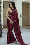 Buy_The House of Exotique_Maroon Saree Georgette Embroidery Sequin Pre-draped With Blouse _at_Aza_Fashions