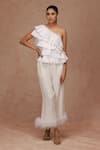 Buy_SHRIYA SOM_Ivory Taffeta Pleated Asymmetric Neck One Shoulder Ruffle Top  _at_Aza_Fashions