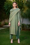 Buy_Safaa_Green Vegan Silk Woven Floral And Stripe Pattern Round Neck Ameera Kurta Set _at_Aza_Fashions