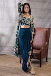 Buy_Soup by Sougat Paul_Green Crepe Printed Sequin Jacket Open Mehr Draped Skirt Set_at_Aza_Fashions