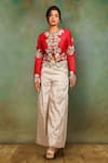 Buy_Garo_Coral Jacket  Tussar Embroidered Motifs Short And Pant Set  _at_Aza_Fashions