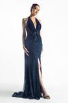 Buy_Rohit Gandhi + Rahul Khanna_Blue Tulle Sequins, Crystals Plunge Neck Arella Embellished Side Slit Gown _at_Aza_Fashions