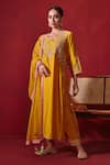 Buy_Ajiesh Oberoi_Yellow Dupion Silk Embroidered Floral Patterns Round Preeti Long Kurta Set _at_Aza_Fashions