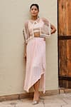 Buy_Palak & Mehak_Pink Rayon, Crepe, Lurex Pearls Round Freya Stripe Woven Skirt Set With Cape _at_Aza_Fashions