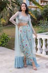 Buy_Suruchi Parakh_Blue Georgette Embroidered Floral U Neck Jacket And Dhoti Pant Set _at_Aza_Fashions