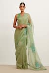 Buy_Devnaagri_Green Gajji Silk Hand Painted Striped And Floral Organza Saree With Blouse _at_Aza_Fashions