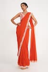 Buy_Asaga_Orange Saree Georgette Embroidery Leaf V Neck Zoe Blouse Pre-draped Set _at_Aza_Fashions