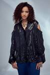 Buy_Style Junkiie_Black Georgette Sequin And Glass Beads Work Shirt Collar Cold Shoulder Sleeve_at_Aza_Fashions