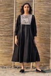 Buy_Ayaka_Black Corduroy Embroidery Round Neck Panelled Dress _at_Aza_Fashions