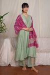 Buy_Pants And Pajamas_Green Chanderi, Cotton, Crayon Moss Chikankari Kurta Pant And Dupatta - Set Of 3 _at_Aza_Fashions