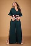 Buy_LABEL SHRISTI CHETANI_Green Double Georgette Collared Neck Sheer Panelled Hem Jumpsuit With Belt _at_Aza_Fashions