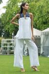 Buy_Label Ruhbab_White Pure Linen Embroidery Silk Thread Work Round Floral Top And Pant Set _at_Aza_Fashions