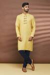 Buy_Linen Bloom_Yellow 100% Linen Embroidered Thread Work Stripe Pattern Kurta _at_Aza_Fashions