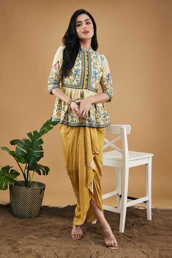 Buy_Soup By Sougat Paul_Yellow Cotton, Silk Embroidery Bird And Tile Print Peplum Top With Draped Skirt _at_Aza_Fashions