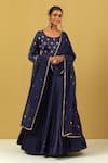 Buy_Ikshita Choudhary_Blue Satin Embroidery Round Neck Hand Anarkali With Dupatta _at_Aza_Fashions