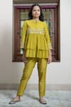 Buy_Maliha by Anar and Anoli_Yellow Chanderi Embroidered Resham Work Band Ruffle Top Pant Set  _at_Aza_Fashions