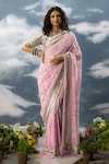 Buy_Saksham Neharicka_Pink Chiffon Printed And Hand Embroidered Floral Khwahish Saree _at_Aza_Fashions