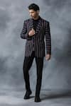 Buy_Sarab Khanijou_Black Suiting Fabric Striped Peak Lapel Collar Blazer _at_Aza_Fashions