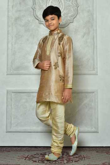 Buy_Petite Pomme_Brown Silk Stones, Beads Work Full Sleeve Kurta _at_Aza_Fashions