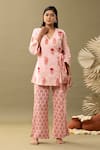 Buy_Abbaran_Pink Cotton Embroidery V-neck Bloom Print Angrakha And Flared Pant Set _at_Aza_Fashions