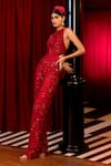 Buy_Mishru_Red Tulle Embroidery Hexagon Halter Leyla Jumpsuit  _at_Aza_Fashions