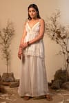 Buy_Label Reyya_Off White Rayon Lurex Printed And Embellished Geometric Stripe Top & Pant Set _at_Aza_Fashions