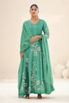 Buy_Hirika&Dhruti_Green Anarkali Silk Hand Embroidered Thread And Sequin With Dupatta  _at_Aza_Fashions