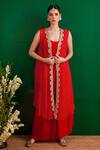 Buy_Palak & Mehak_Red Crepe Print Bandhani Round Neck Pattern Cape With Dress _at_Aza_Fashions