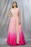 Buy_Shlok Design_Peach Chiffon Embroidered Floral V Neck Ombre Lehenga Set_at_Aza_Fashions