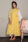 Buy_Falguni.Foram_Yellow Dress Gauze Linen Printed And Applique Hand Gathered Kaftan  _at_Aza_Fashions